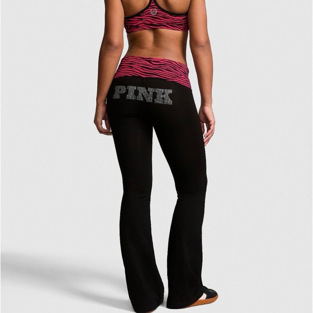 VS PINK ZEBRA PRINT WAISTBAND FOLDOVER FLARE COTTON BLACK LEGGINGS & BLING LOGO